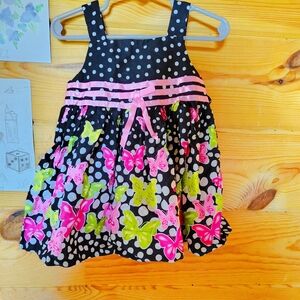 Girls Black Polka Dot Dress with Pink & Lime Butterfly Print With Bottoms